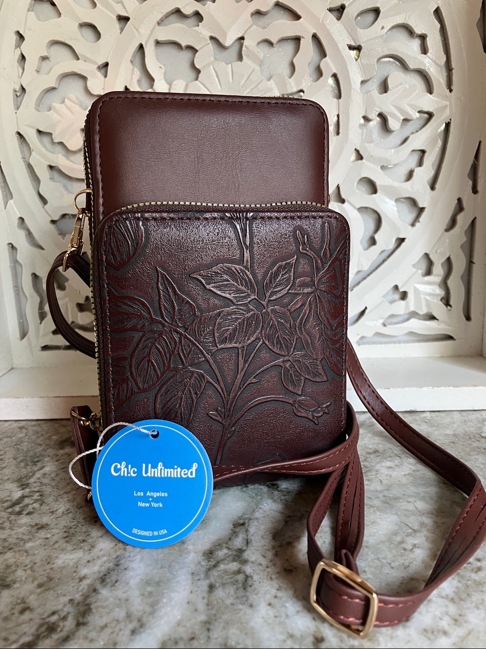 Chic Unlimited brown faux leather crossbody bag  embossed floral design NWT